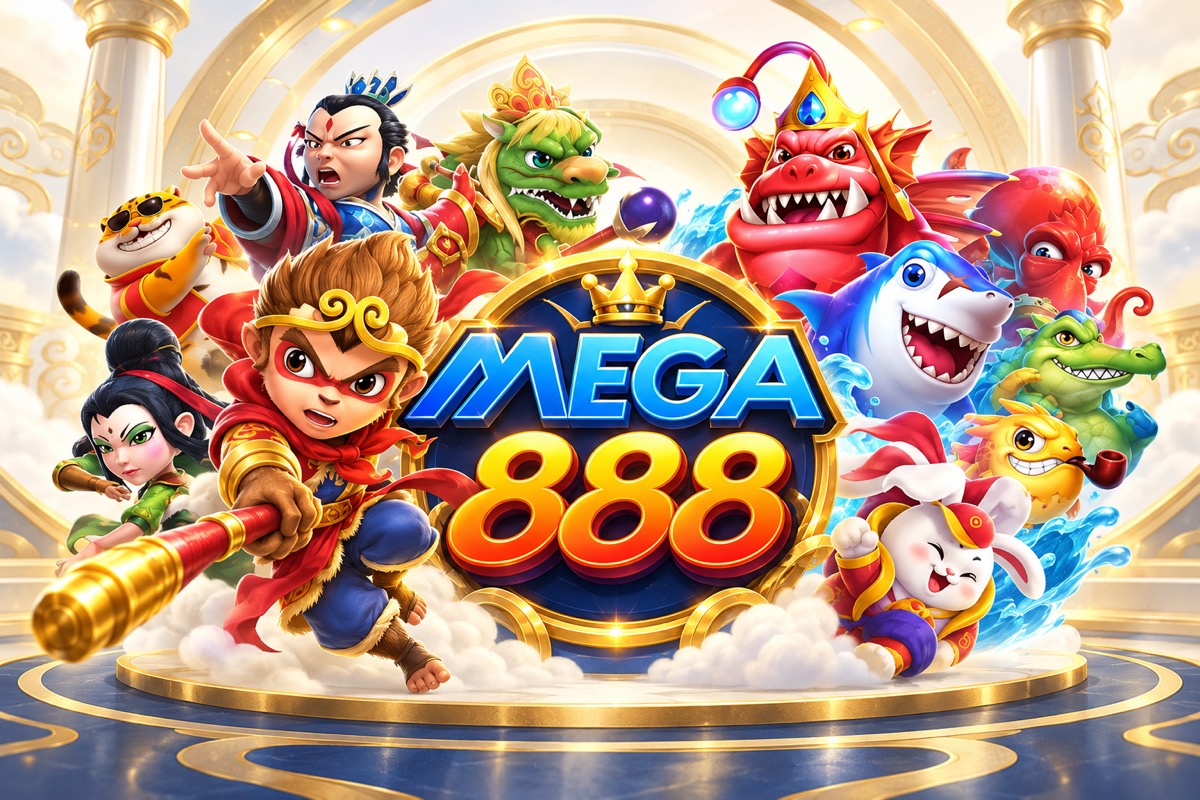 Ilustrasi Mega888 dengan logo di tengah, watak fantasi dan watak permainan memancing.